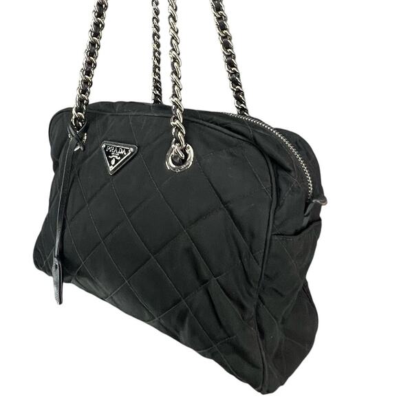 Prada Tessuto Impuntu Shoulder Bag Black Quilted Nylon Chain Leather Strap - Picture 2 of 16